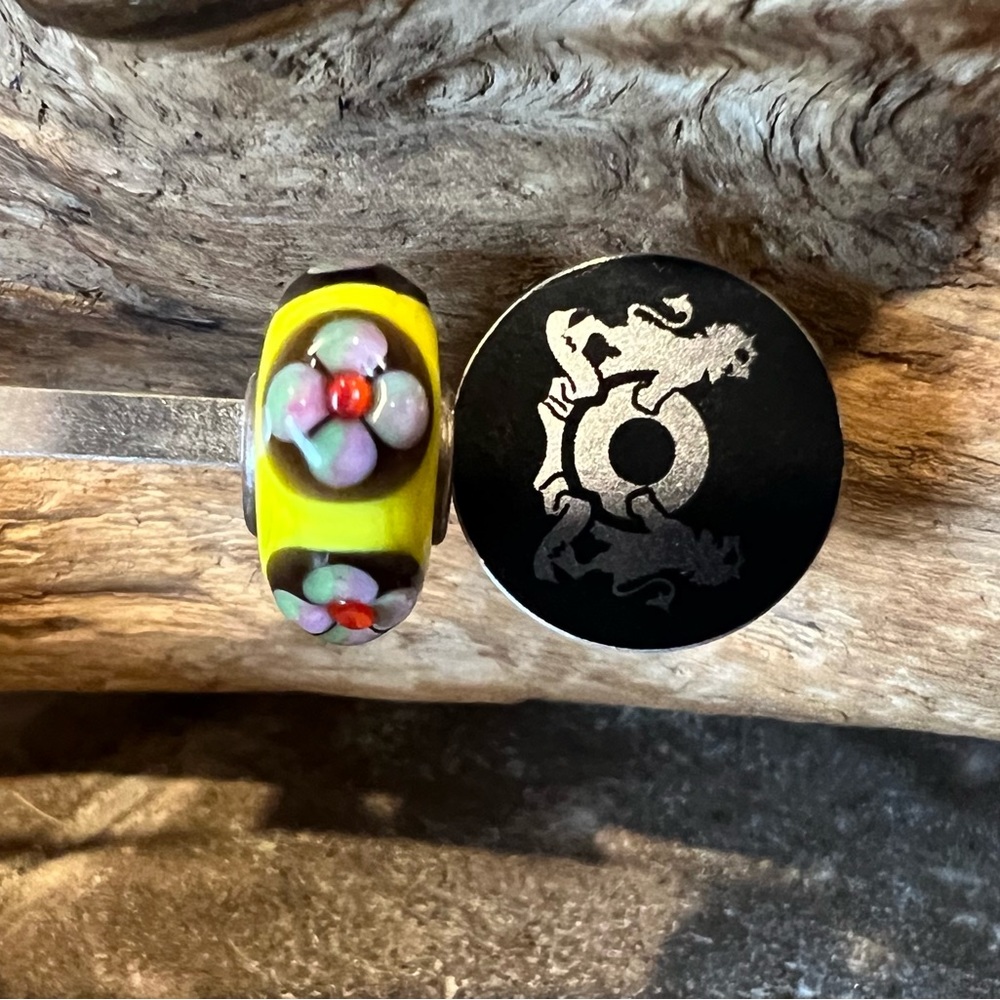 Authentic Yellow Trollbeads Universal Unique OOAK Glass Bead Murano Flower